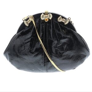 Vtg 70's Ashneil Black Snakeskin Evening Bag Clutch Gold Bow Accent